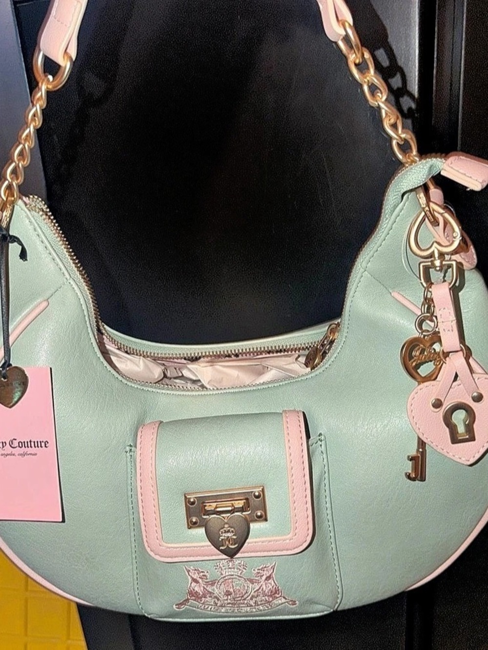 Juicy Couture Sweet N Simple Crescent Crossbody Bag Green & Pink NWT